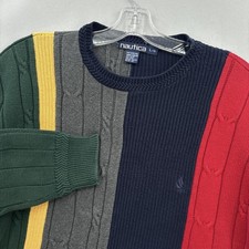 Vintage Nautica Sweater Mens Large Blue Green Red Colorblock Cable Pullover 90s