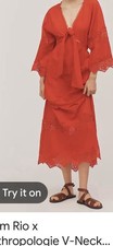 Farm Rio x Anthropologie XS V-Neck Tie-Front Midi Dress Red Maxi Linen