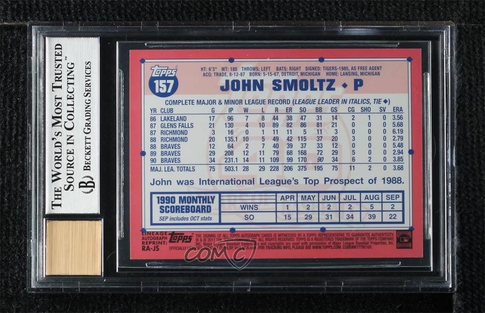 2011 Topps Lineage Reprint Auto John Smoltz #RA-JS BGS 9 MINT - Image 2 of 3