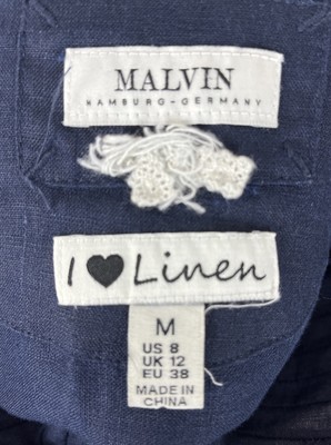 malvin germany linen dress MALVIN Hamburg Germany Sz 8 M 100% Linen Button Dress V Neck Lace Trim Navy  Blue