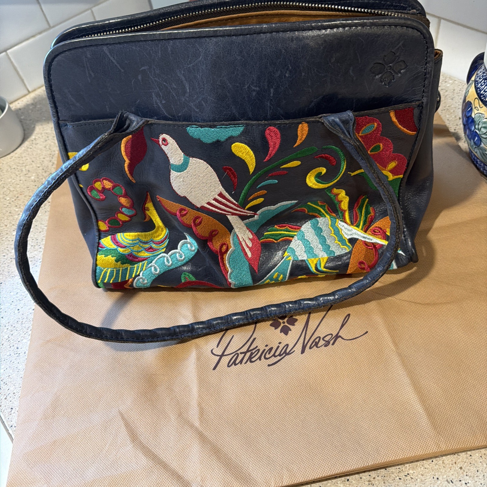 Patricia Nash Leather  handbag Embroidered Peacocks Blue W/ Dustbag