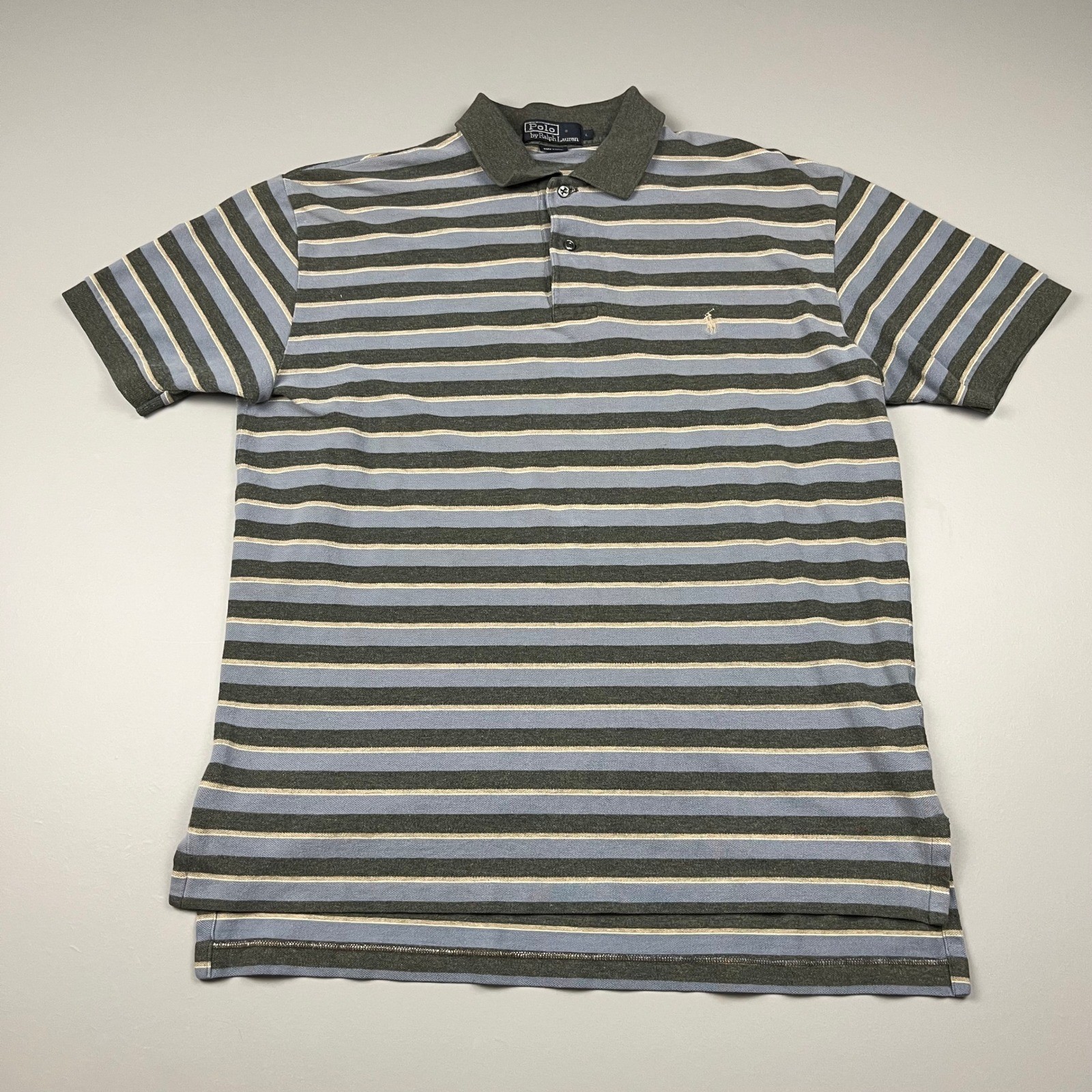 VTG Polo Ralph Lauren Polo Shirt Mens L Blue Grey Striped Short Sleeve Cotton