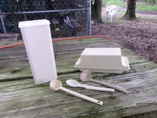 VTG Tupperware Almond Double Butter/Cheese Keeper & Lid + Cheese Keeper + 3 Spoo