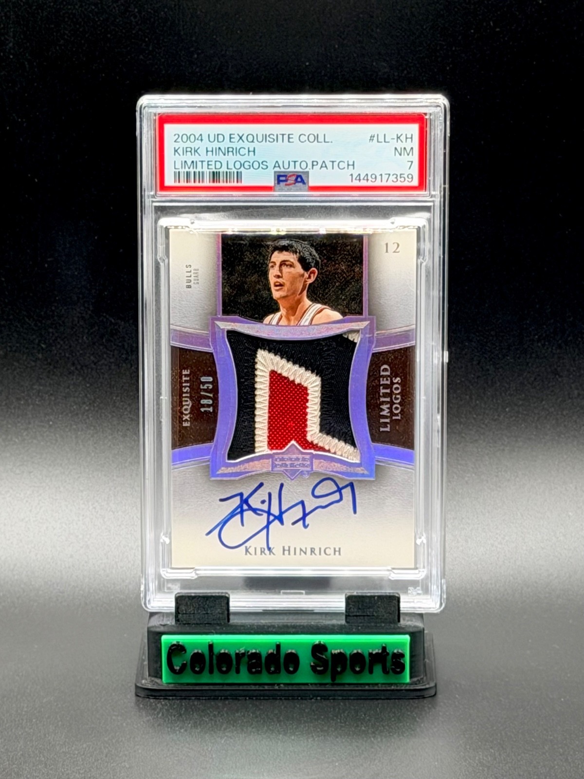 KIRK HINRICH 2004 Exquisite Limited Logos Game-Worn Patch Autograph 18/50 PSA 7