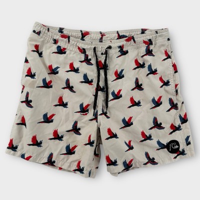 Quiksilver Volley Shorts Mens XL Bird Print Swim Trunks Parrot Graphic Beige AOP
