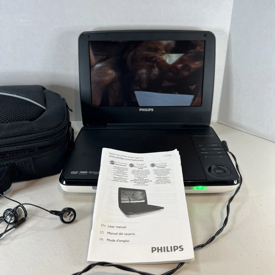 Reproductor de DVD portátil blanco Philips con cargador, estuche, auriculares. Probado y funciona Foto 4 de 4