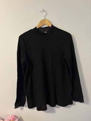 LOGO Lori Goldstein NWT Women s Black Lace Long Sleeve Top W/ Pockets Size M