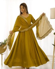 Women Musturd Yellow Anarkali Gown Set Chanderi Silk Wear Dress Dupatta Palazzo