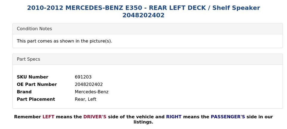 2010-2012 MERCEDES-BENZ E350 - REAR LEFT DECK / Shelf Speaker ...