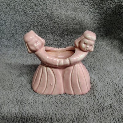 Vintage Pink Ceramic Planter Two Girl Dancing Holding Hands Pot Mid Century