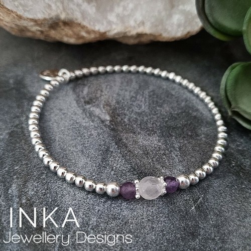 925 Sterling Silver Rose Quartz & Amethyst bead Stacking Bracelet INKA - Picture 2 of 8