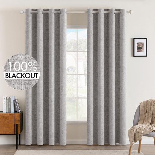 Faux Linen Room Darkening Curtains - Elegant Grommet Blackout Drapes - 52x96 In - Picture 3 of 9