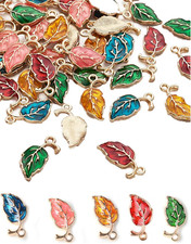 Assorted 50Pcs Leaf Enamel Charms Pendants Alloy Leaves Beads Wine Glass Charms