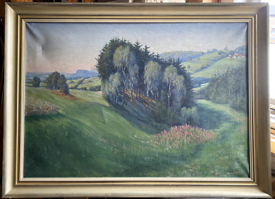 Oil Painting E. Reupke 1923 Green Wide Landscape Tree Group Eifel Antique Oil