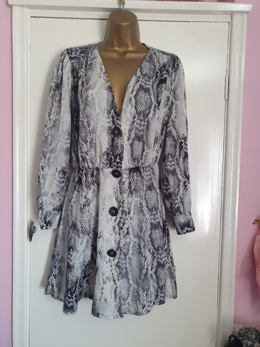 Zara dress Grey snake print Satin Feel size S ( 10) Button Front Bx18 | eBay