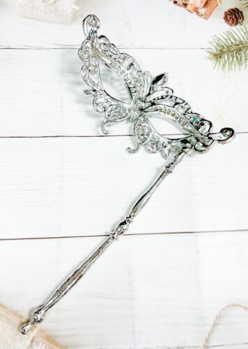 Masquerade Mask with Stick, Wedding Party Silver Mask, Prom Green Crystal Mask - Picture 3 of 7