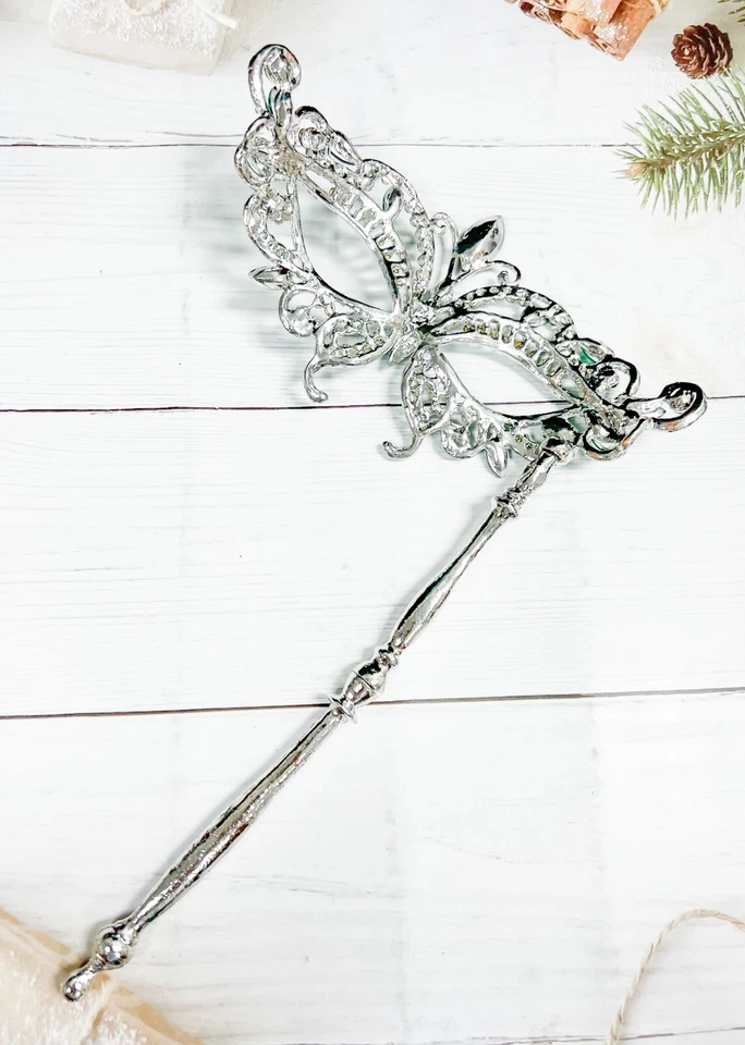 Masquerade Mask with Stick, Wedding Party Silver Mask, Prom Green Crystal Mask - Image 3 of 4