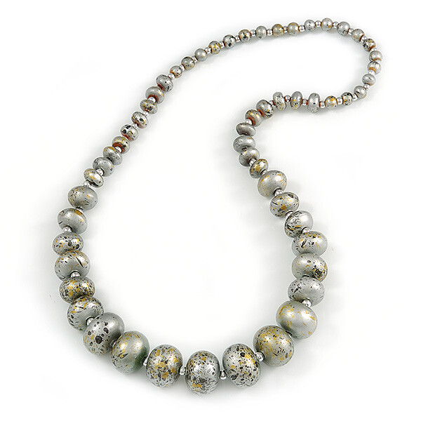 Long Graduated Wooden Bead Colour Fusion Necklace (Gold/ Black/ Metallic