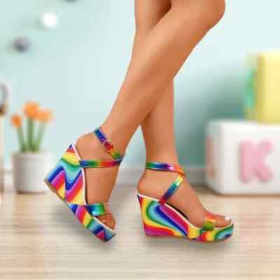 Wedge Heels Cute High Heel Sneakers Women Casual Peep Toe Rainbow