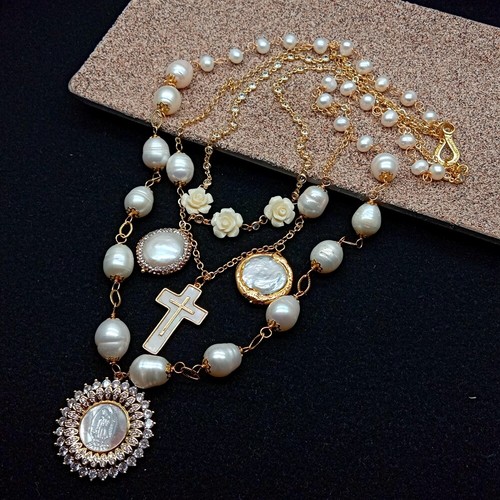 20" Freshwater White Rice Pearl Gold Plated Chian Layers Necklace Shell Pendant - Picture 7 of 8