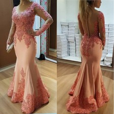 Long Sleeve Mermaid Evening Dresses Applique Buttons Back Satin Party Prom Gowns