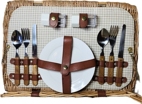 Vintage Picnic Basket 2 Place Setting Glasses Plates Cutlery 2 Tier Carry Strap - Picture 3 of 14
