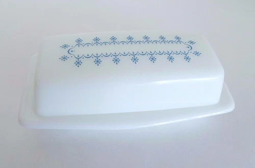 Vintage Pyrex Milk White Glass Turquoise Pattern Covered 6 3/4" Butter Dish