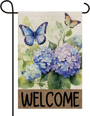 Welcome Hydrangea Floral Butterfly Decoration Double Sided Vertical Burlap Garde
