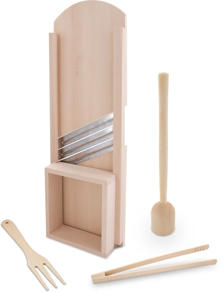KERAZO Holz Set 4-teilig Krauthobel Gemüsehobel 55cm,Stampfer,Zange,Gabel,Buche