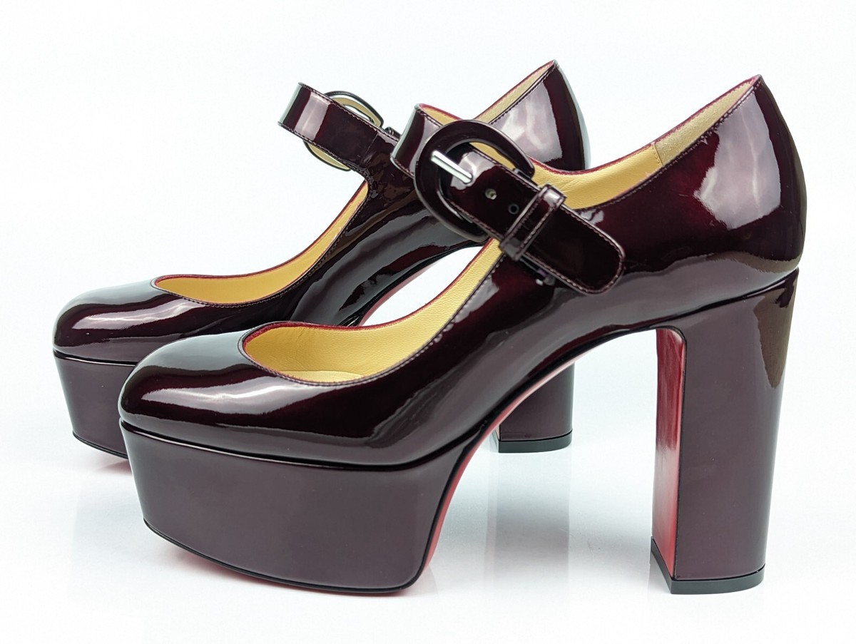 Louboutin Sparkly Merlot Patent MJ Goes High Mary Jane Platforms