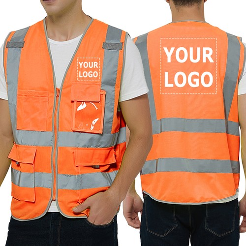 Custom High Visibility Safety Vest With 9 Pockets Zipper Front Reflective Strip - Picture 8 of 11