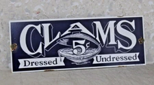 Vintage Clams 5 Cents Porcelain Enamel Sign 4.5x12  1997
