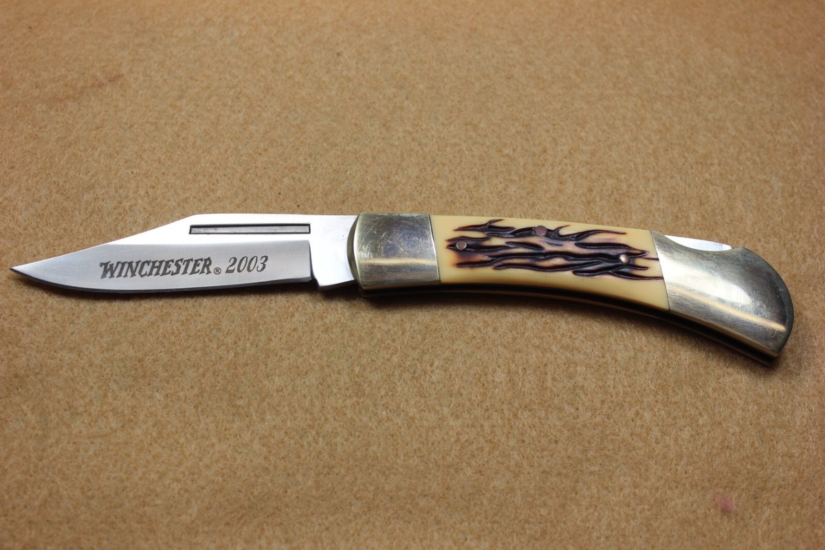 WINCHESTER 2003 Single Blade Imitation Stag Lock Back Folding