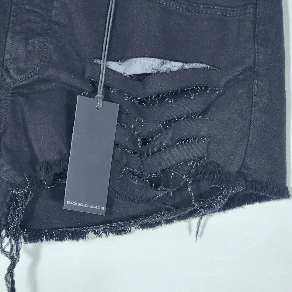 Pantalones Cortos de Jean Negros Orquídea Envejecidos Nuevos con Etiquetas Talla 29 Pantalones Cortos de Denim Negros Cortados Foto 3 de 4