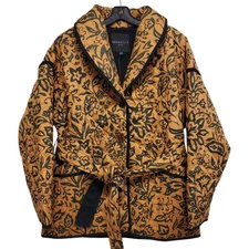 BAGATELLE Jacket Womens Medium Camel Black Quilted Floral Boho Belted Button Up