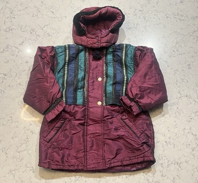 Vintage Burgundy Colorblock Winter Jacket Hooded Puffer Coat Women s Small