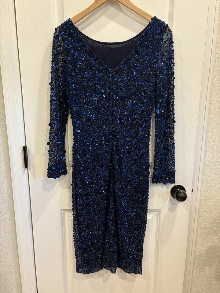 Vestido Frank Lyman Talla 8 Manga Larga Azul Marino Lentejuelas Cóctel Fiesta Noche Foto 2 de 4