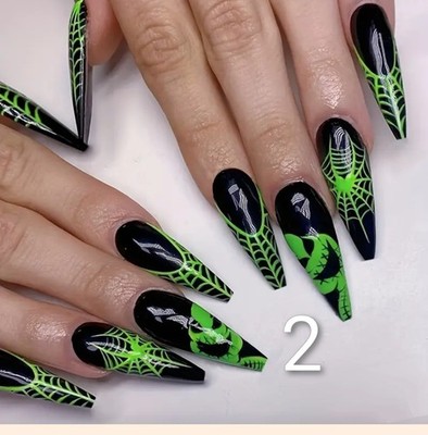 HALLOWEEN FAKE FAUX Nails Press On Green Black Spiderwebs