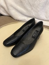 Stuart Weitzman Black Leather Pumps Womens 5 M Snakeskin Block Heels Square Toe