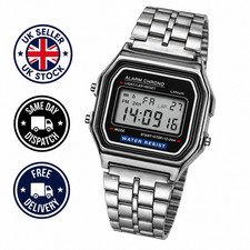 Mens Retro LED Digital Watch Stainless Steel Bracelet Alarm Stopwatch Calendar