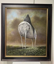 Surrealist Painting On Board Of Unusual Figure Riding Creature Beksinki
