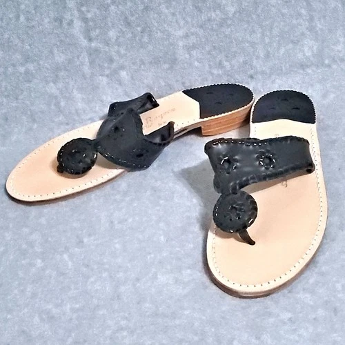 JACK ROGERS ORIGINAL SIGNATURE WOMENS BLACK THONGS SZ 10 M LEATHER SANDALS
