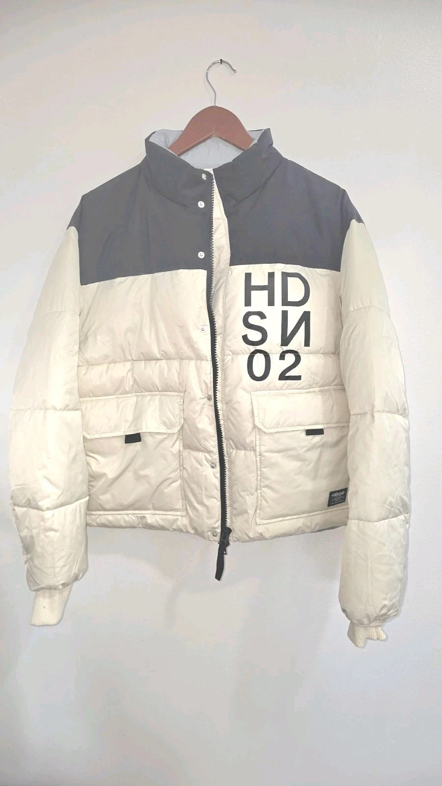 NWT Men Small Hudson White Black Puffer Jacket Full Zip MSRP $358