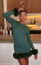 Show Me Your MuMu Fran Mini Dress in Emerald Knit with Faux Fur Trim Sz S