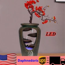 Flower Vase Waterfall Table Top LED Light Indoor Water Fountain FengShui Decor
