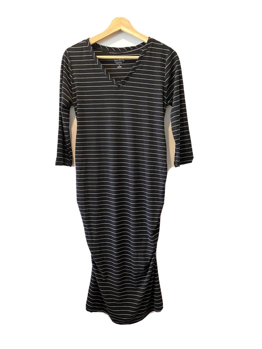 Isabel Maternity By Ingrid & Isabel Fitted Ruched Black Silver Striped Dress  S | eBay