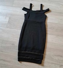 River Island Black Stretch Ribbed Dress Cold Shoulder Bodycon Evening Party UK8