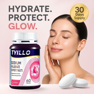 TYILLO Hyaluronic Acid Tablets   Hydrate Skin with Vitamin C, E, Zinc   60 Count