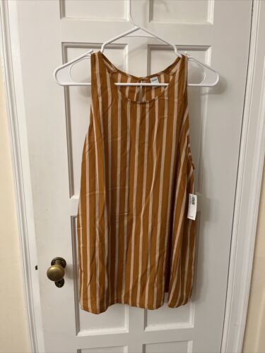 Old Navy Womens Tank Top Large Mustard Beige Striped Round Neck Shell NWT