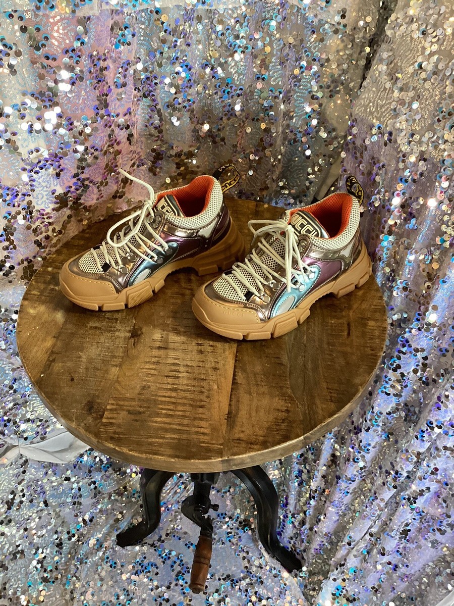 Gucci Womens Flashtrek Metallic Leather Sneakers Copper Multi Sz